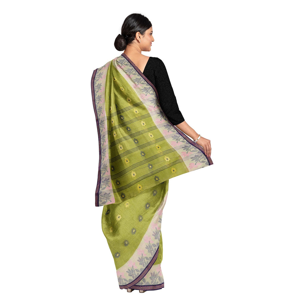 Exclusive Collection 100% Pure Cotton Light Green Tant Saree With Hand Weaving Work | Grocsy