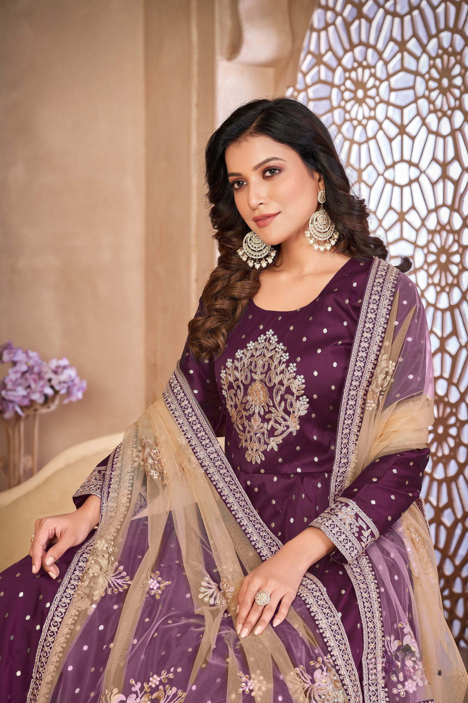 Anaita Purple Embroidered Tapeta Silk Anarkali Suit | Grocsy