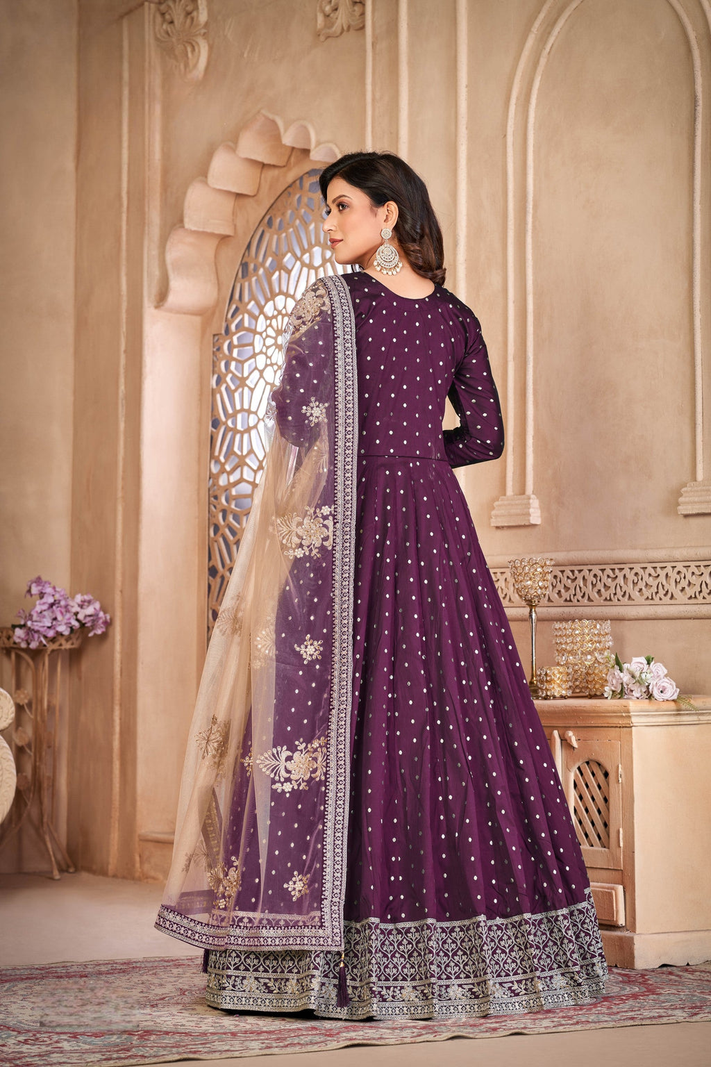 Anaita Purple Embroidered Tapeta Silk Anarkali Suit | Grocsy
