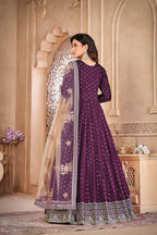 Anaita Purple Embroidered Tapeta Silk Anarkali Suit | Grocsy