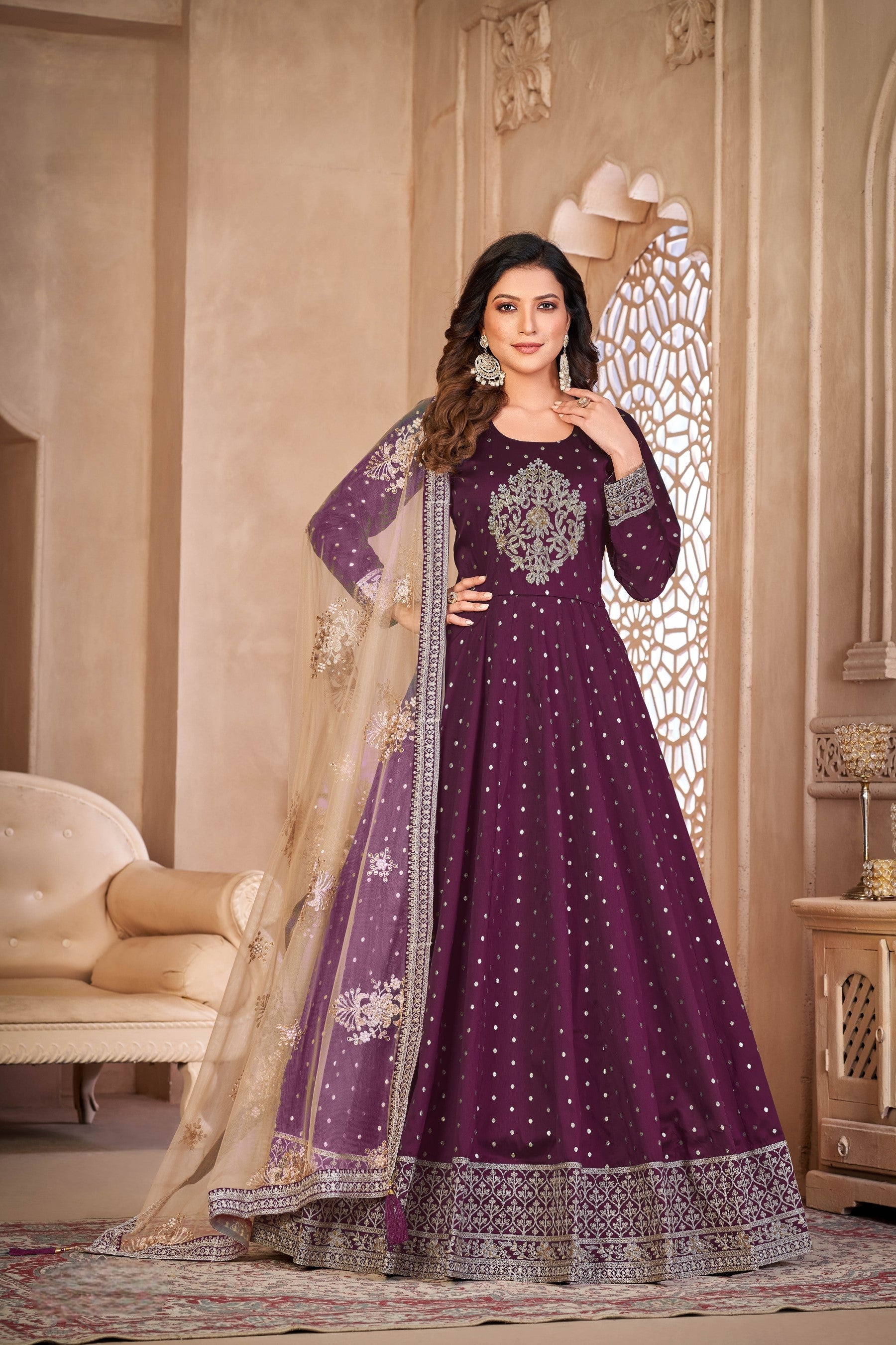 Anaita Purple Embroidered Tapeta Silk Anarkali Suit | Grocsy