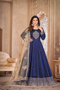 Anaita Navy Blue Embroidered Tapeta Silk Anarkali Suit | Grocsy