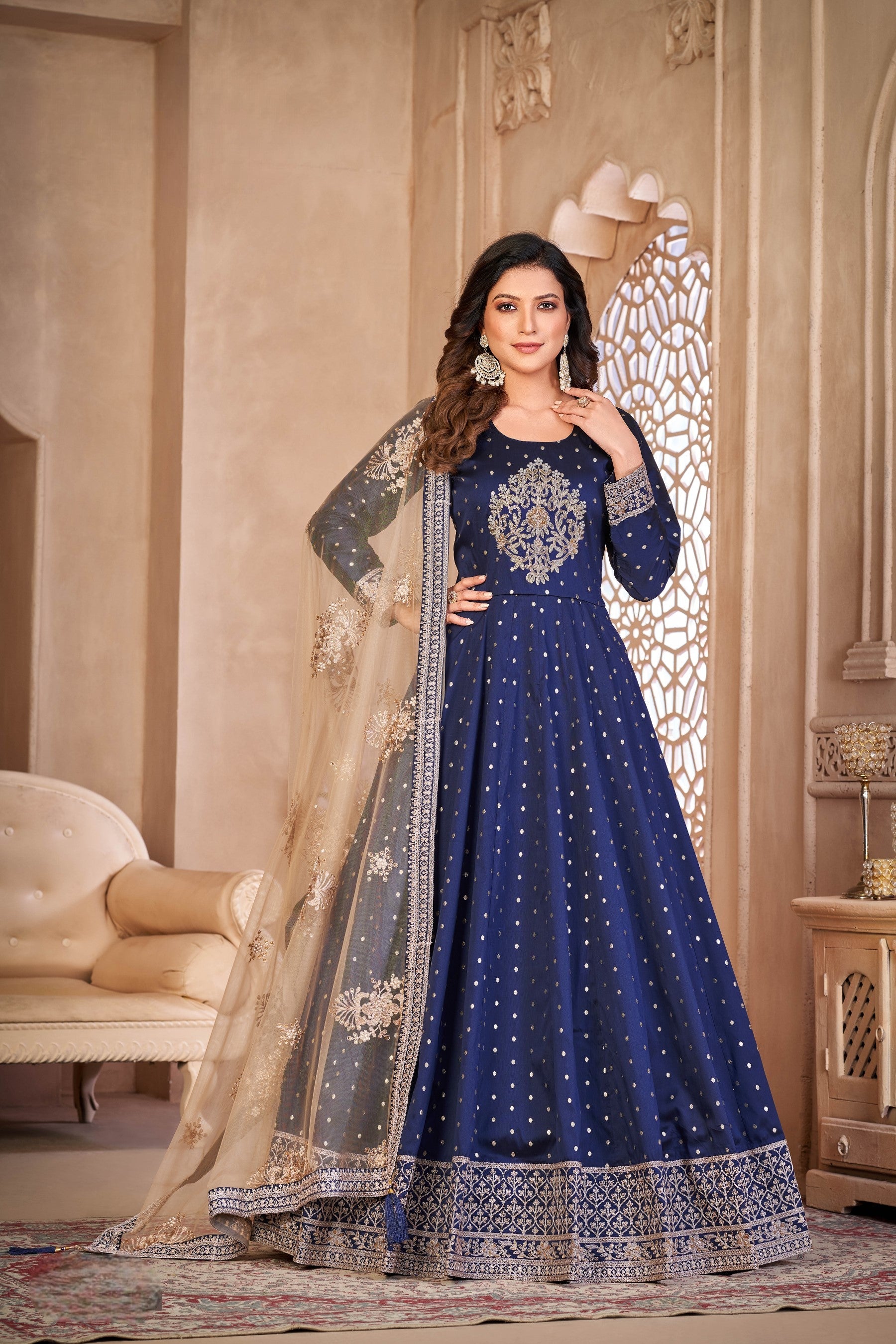 Anaita Navy Blue Embroidered Tapeta Silk Anarkali Suit | Grocsy