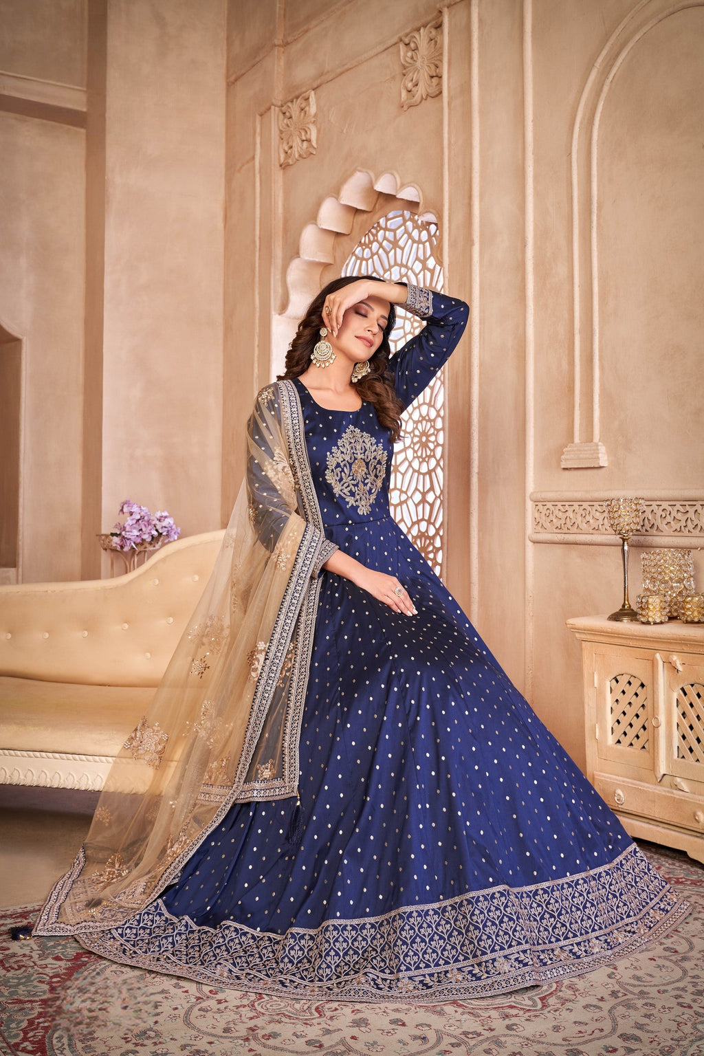 Anaita Navy Blue Embroidered Tapeta Silk Anarkali Suit | Grocsy