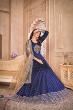 Anaita Navy Blue Embroidered Tapeta Silk Anarkali Suit | Grocsy
