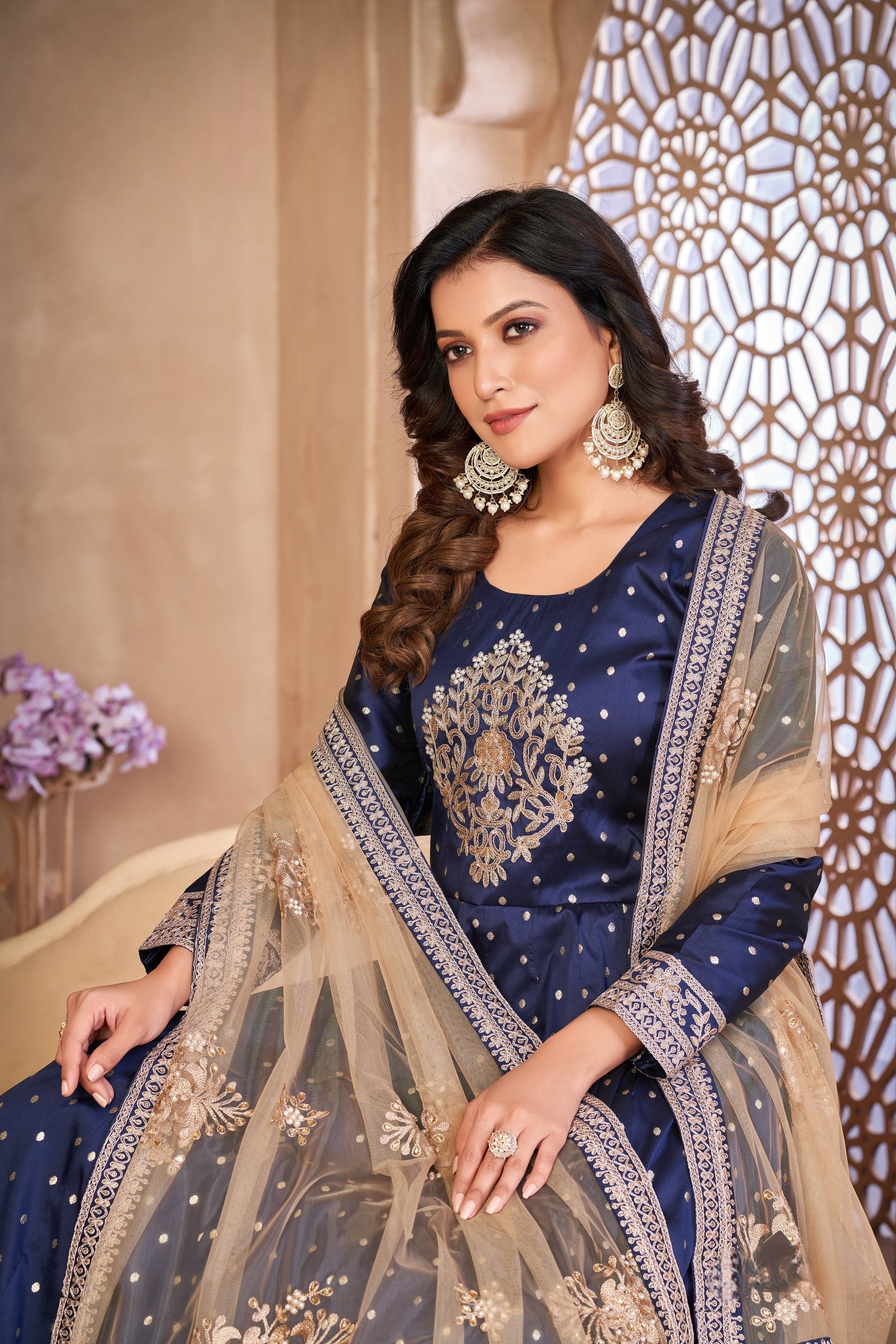 Anaita Navy Blue Embroidered Tapeta Silk Anarkali Suit | Grocsy