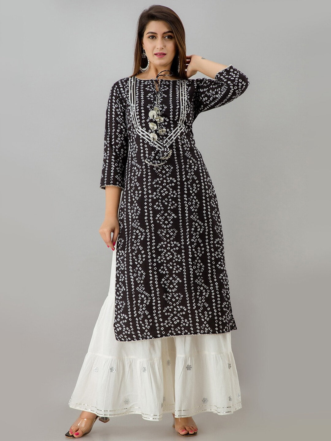 HERE&NOW Black Bandhani Printed Gotta Patti Kurta with Sharara | Grocsy