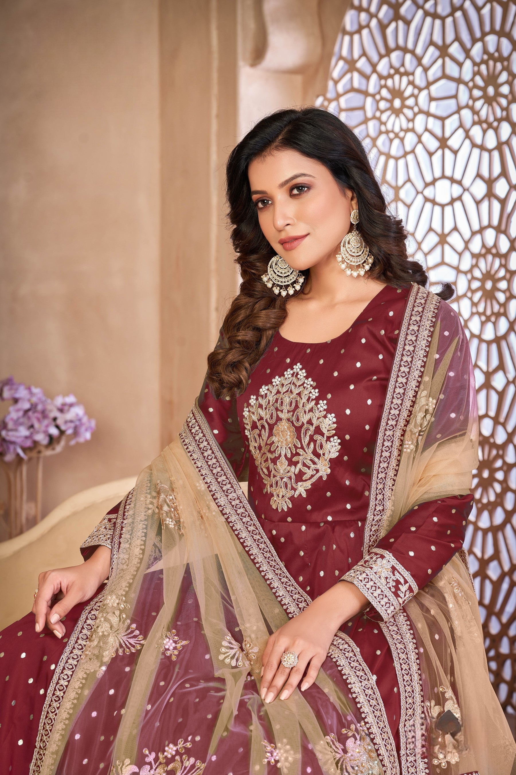 Anaita Maroon Embroidered Tapeta Silk Anarkali Suit | Grocsy