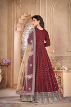 Anaita Maroon Embroidered Tapeta Silk Anarkali Suit | Grocsy