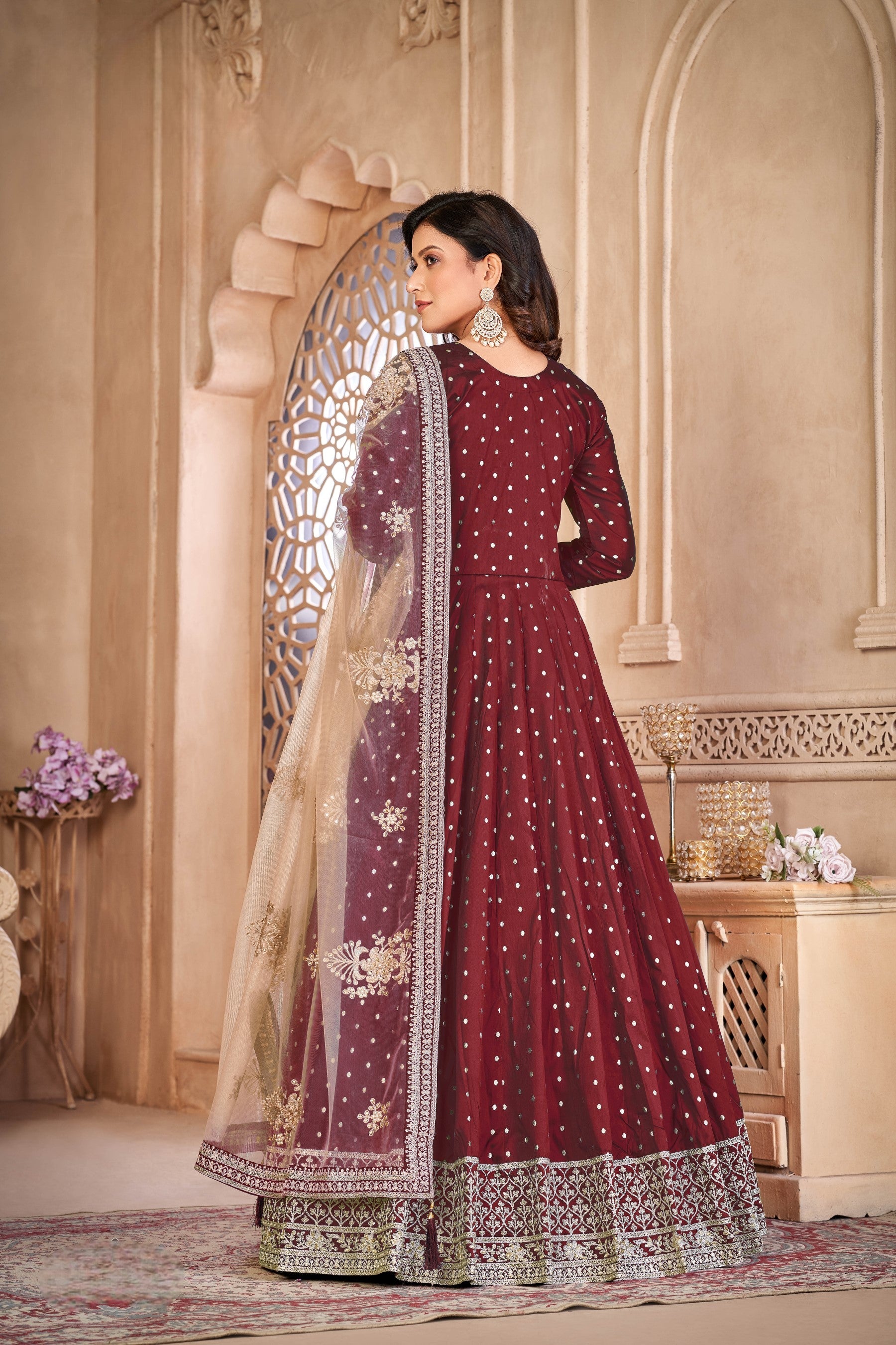 Anaita Maroon Embroidered Tapeta Silk Anarkali Suit | Grocsy