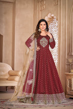 Anaita Maroon Embroidered Tapeta Silk Anarkali Suit | Grocsy