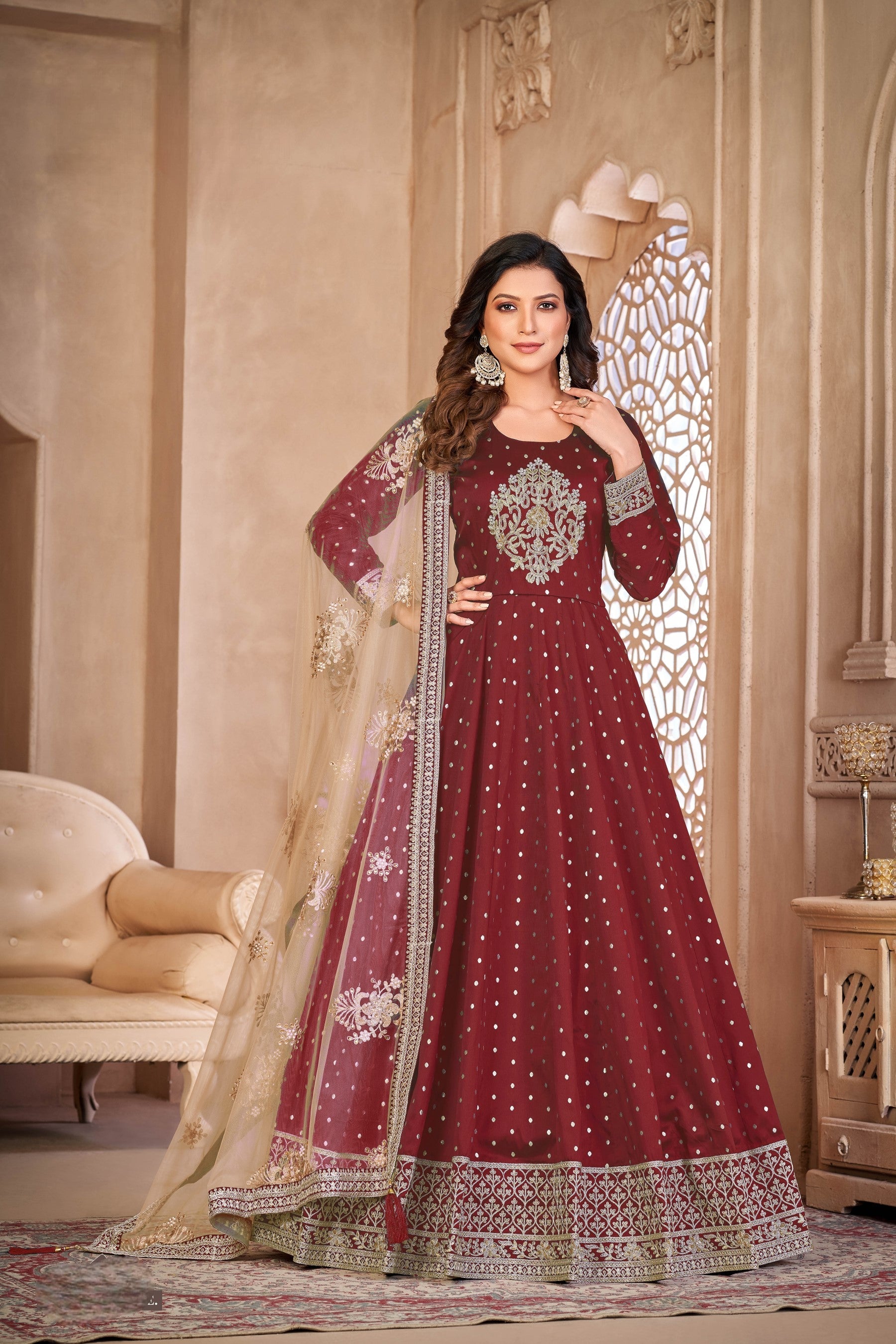 Anaita Maroon Embroidered Tapeta Silk Anarkali Suit | Grocsy