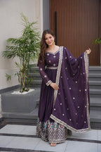 Lorenvalley Fashion Wine Diamond Silk with Embroidery Threads & Sequins Work Anarkali Gown with Dupatta | Grocsy