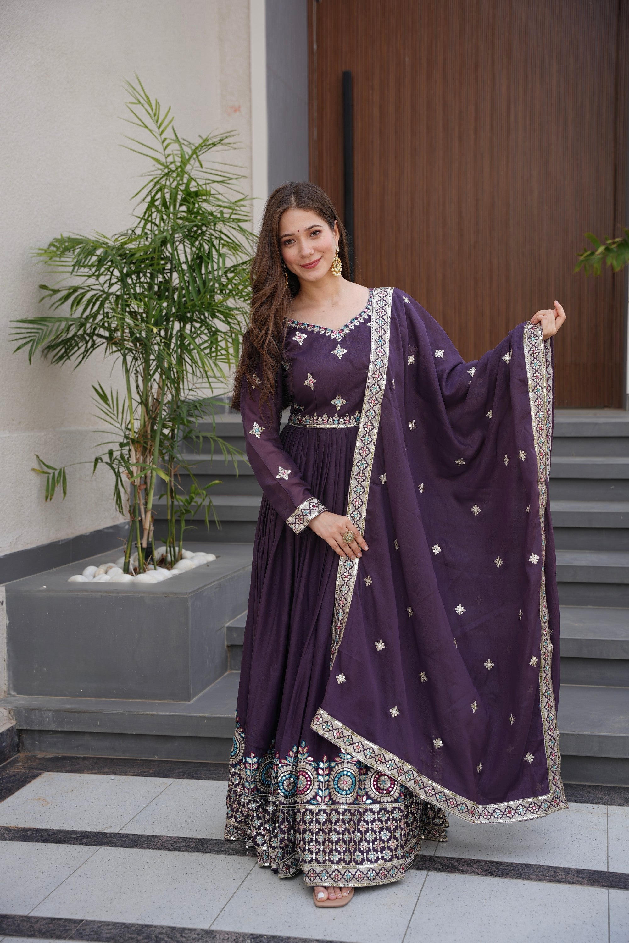 Lorenvalley Fashion Wine Diamond Silk with Embroidery Threads & Sequins Work Anarkali Gown with Dupatta | Grocsy