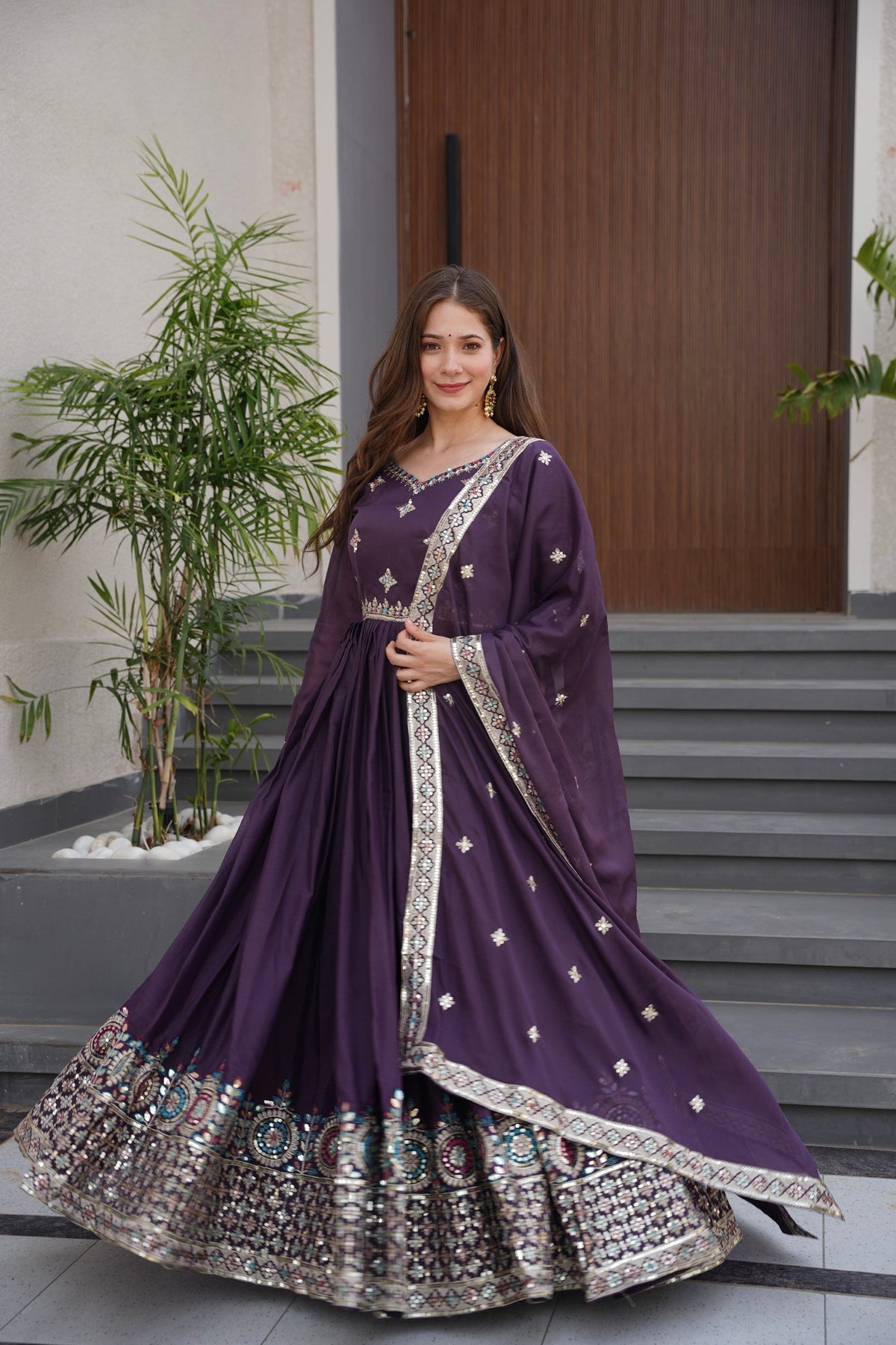 Lorenvalley Fashion Wine Diamond Silk with Embroidery Threads & Sequins Work Anarkali Gown with Dupatta | Grocsy
