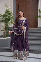 Lorenvalley Fashion Wine Diamond Silk with Embroidery Threads & Sequins Work Anarkali Gown with Dupatta | Grocsy