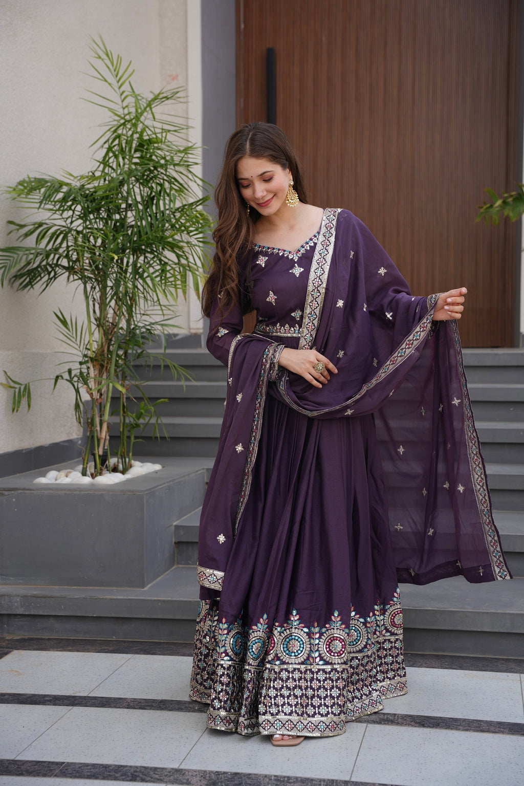 Lorenvalley Fashion Wine Diamond Silk with Embroidery Threads & Sequins Work Anarkali Gown with Dupatta | Grocsy