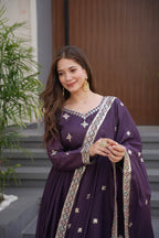 Lorenvalley Fashion Wine Diamond Silk with Embroidery Threads & Sequins Work Anarkali Gown with Dupatta | Grocsy