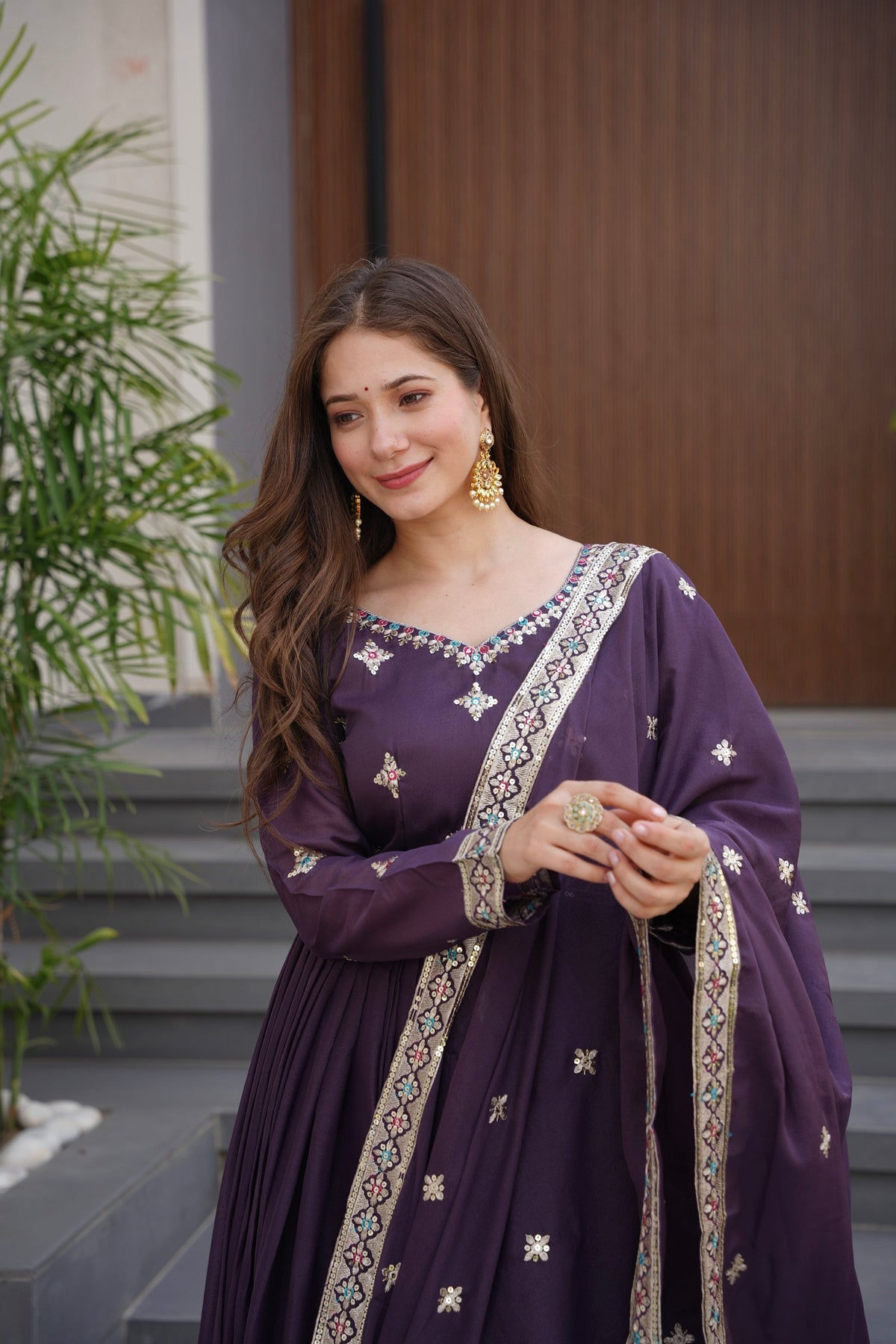 Lorenvalley Fashion Wine Diamond Silk with Embroidery Threads & Sequins Work Anarkali Gown with Dupatta | Grocsy