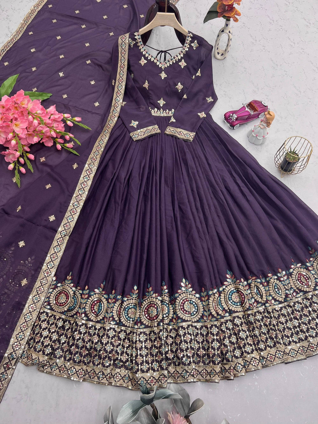 Lorenvalley Fashion Wine Diamond Silk with Embroidery Threads & Sequins Work Anarkali Gown with Dupatta | Grocsy