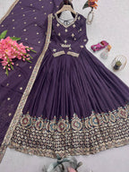 Lorenvalley Fashion Wine Diamond Silk with Embroidery Threads & Sequins Work Anarkali Gown with Dupatta | Grocsy