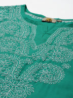 ADA Women Green & White Ethnic Motifs Hand Embroidered Chikankari Handloom Kurta | Grocsy