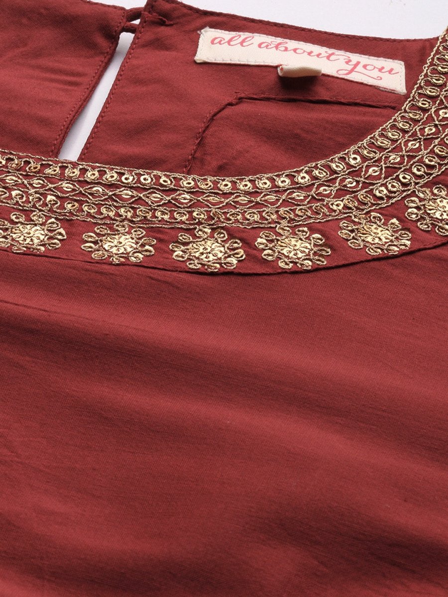 All About You Women Maroon & Golden Satin Finish Kurta with Trousers & With Dupatta | Grocsy