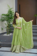 Lorenvalley Fashion Parrot Green Crunchy Silk with Embroidery Codding & Sequins Work Anarkali Gown with Dupatta | Grocsy