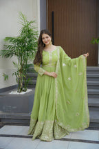 Lorenvalley Fashion Parrot Green Crunchy Silk with Embroidery Codding & Sequins Work Anarkali Gown with Dupatta | Grocsy