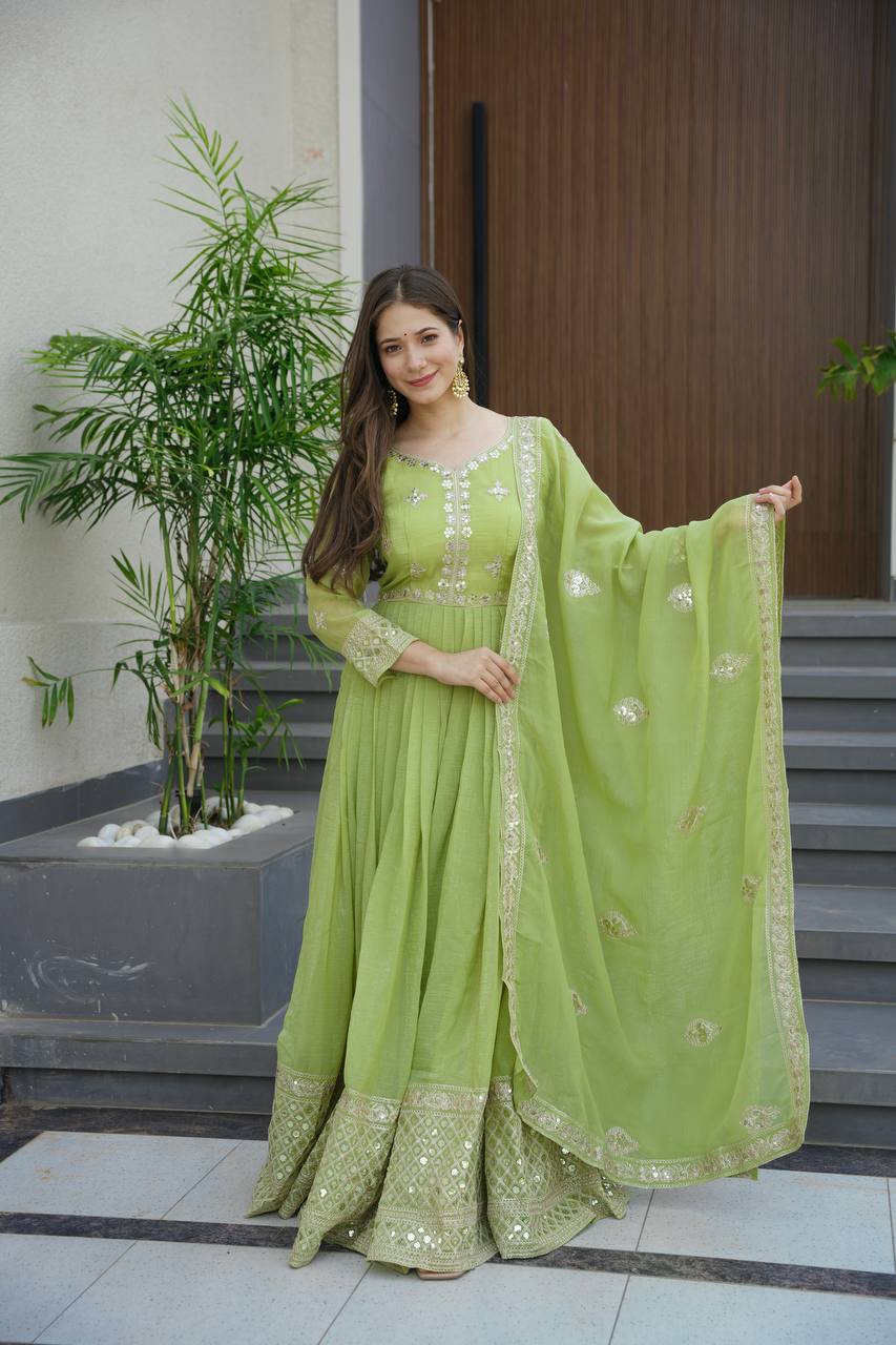 Lorenvalley Fashion Parrot Green Crunchy Silk with Embroidery Codding & Sequins Work Anarkali Gown with Dupatta | Grocsy