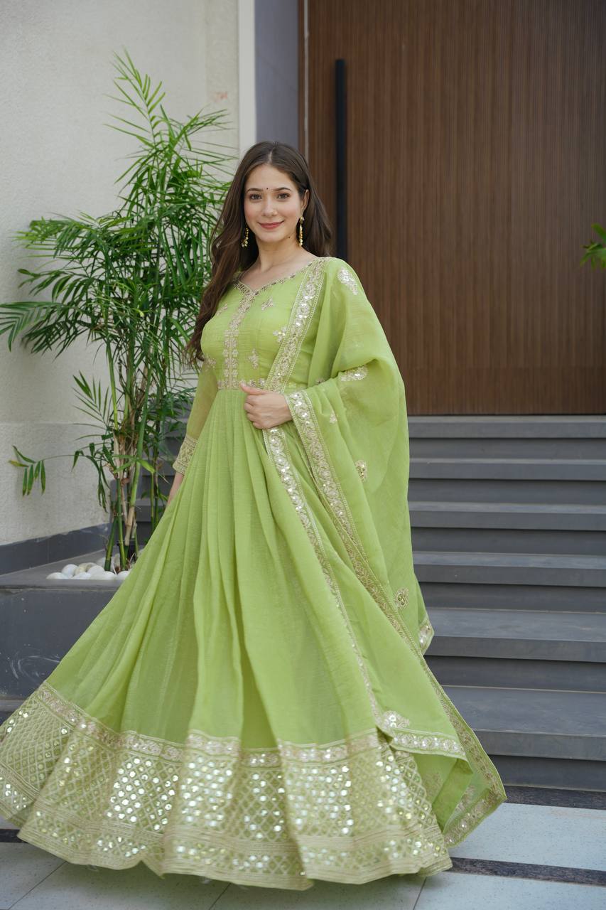 Lorenvalley Fashion Parrot Green Crunchy Silk with Embroidery Codding & Sequins Work Anarkali Gown with Dupatta | Grocsy