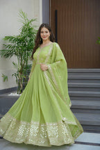 Lorenvalley Fashion Parrot Green Crunchy Silk with Embroidery Codding & Sequins Work Anarkali Gown with Dupatta | Grocsy