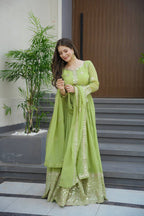 Lorenvalley Fashion Parrot Green Crunchy Silk with Embroidery Codding & Sequins Work Anarkali Gown with Dupatta | Grocsy