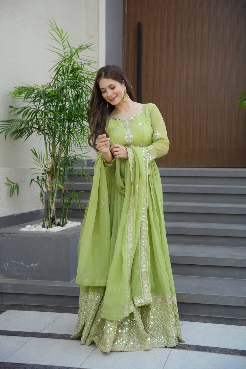 Lorenvalley Fashion Parrot Green Crunchy Silk with Embroidery Codding & Sequins Work Anarkali Gown with Dupatta | Grocsy