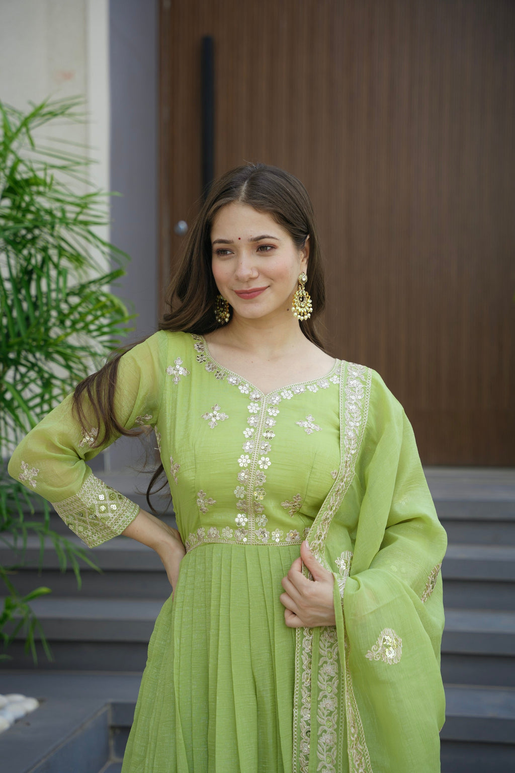 Lorenvalley Fashion Parrot Green Crunchy Silk with Embroidery Codding & Sequins Work Anarkali Gown with Dupatta | Grocsy