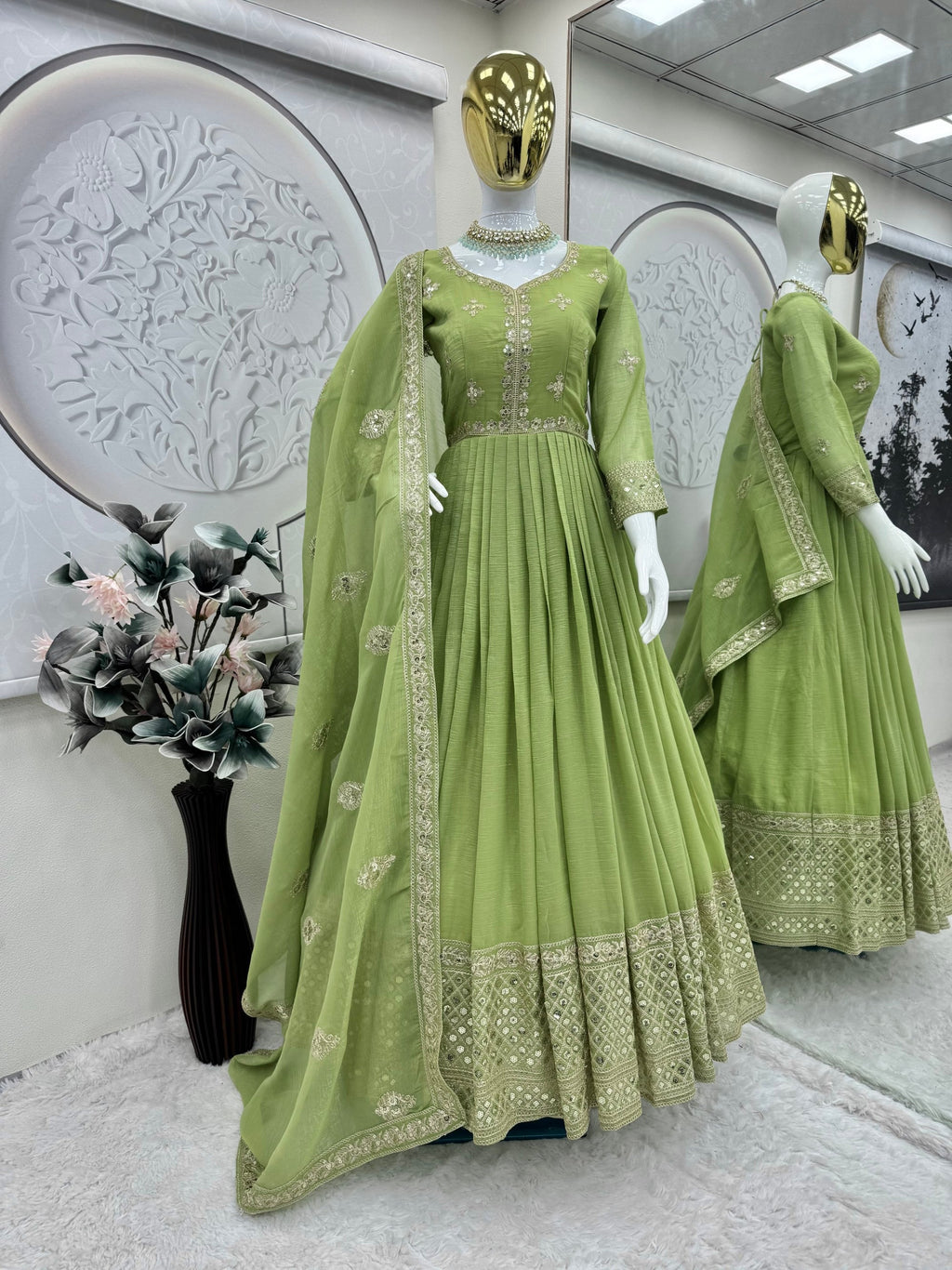 Lorenvalley Fashion Parrot Green Crunchy Silk with Embroidery Codding & Sequins Work Anarkali Gown with Dupatta | Grocsy