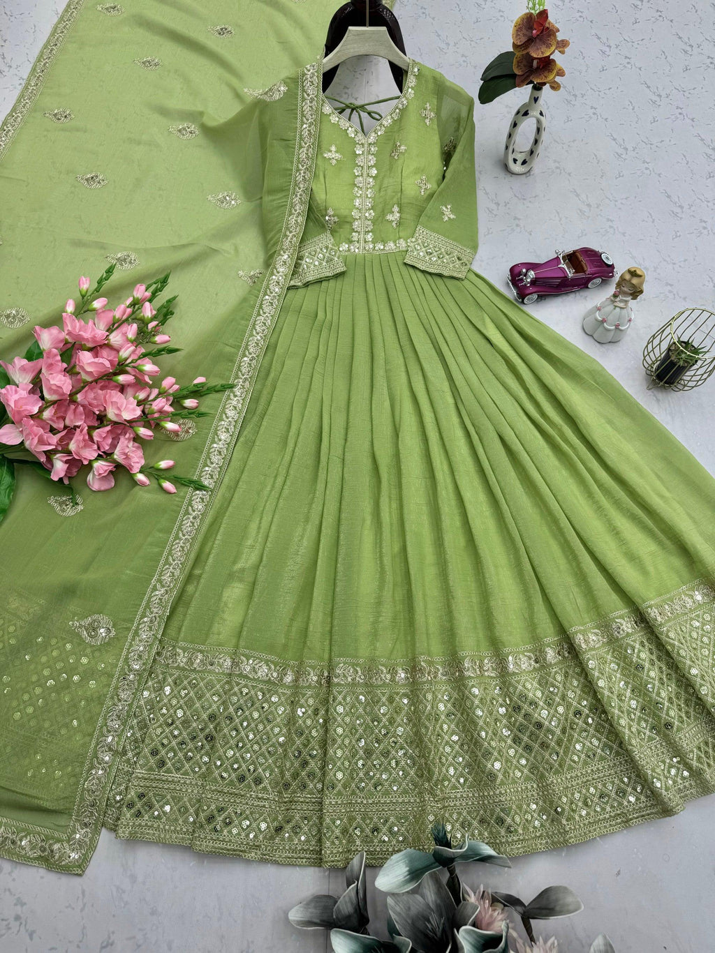 Lorenvalley Fashion Parrot Green Crunchy Silk with Embroidery Codding & Sequins Work Anarkali Gown with Dupatta | Grocsy
