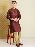 House of Pataudi Men Maroon Floral Yoke Design Jashn Kurta | Grocsy