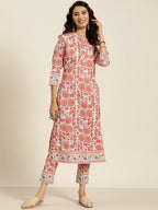 Sangria Women Off White & Peach-Coloured Floral Print Straight Cotton Kurta with Trousers | Grocsy