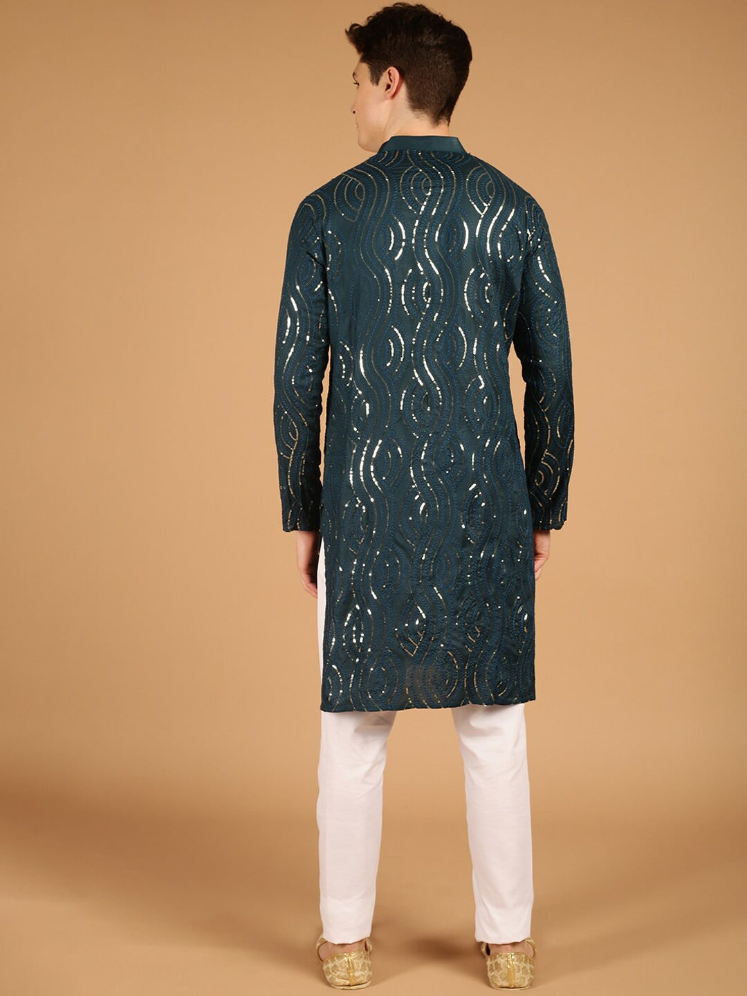 Sojanya Ethnic Motif Embroidered Band Collar Sequinned Pure Cotton Kurta | Grocsy