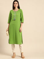 All About You Women Green & Pink Ethnic Motifs Yoke Design Thread Work Pure Cotton Kurta | Grocsy