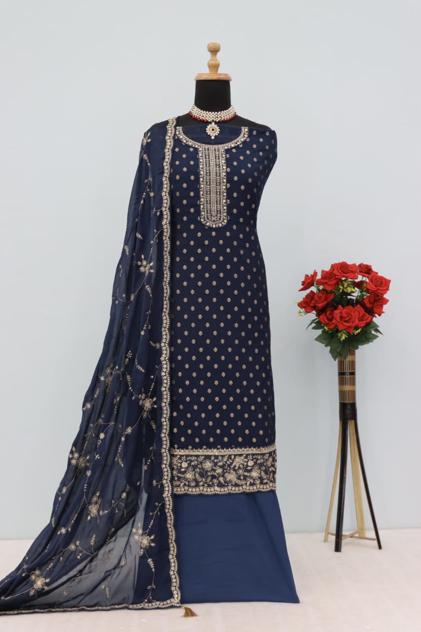 Anaita Navy Blue Dola Jacquard Silk Sequin Embroidered Salwar Suit | Grocsy