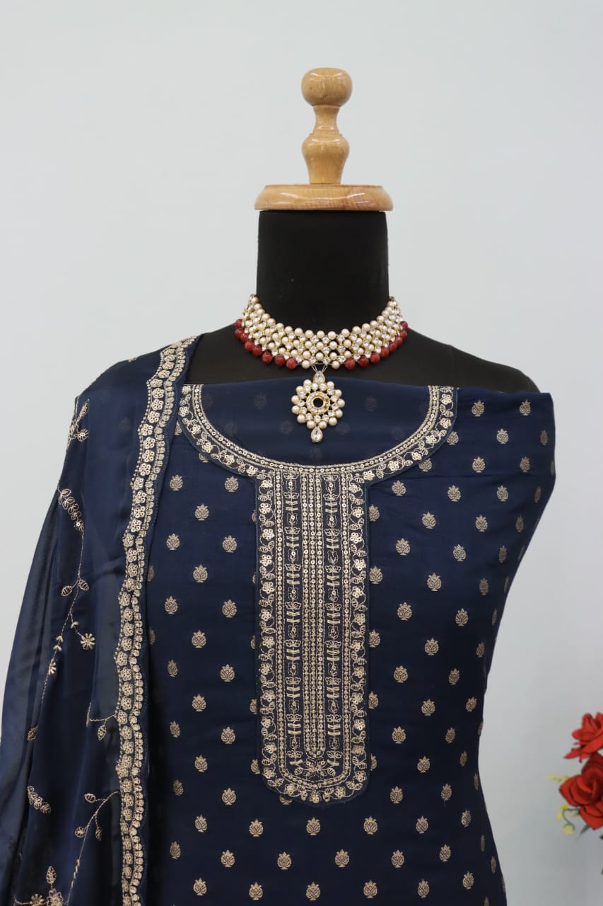 Anaita Navy Blue Dola Jacquard Silk Sequin Embroidered Salwar Suit | Grocsy