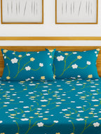 BIANCA Blue & Green Floral Printed 152 TC Cotton 110 GSM Micro-Peached King Bedsheet With 2 Pillow Cover | Grocsy