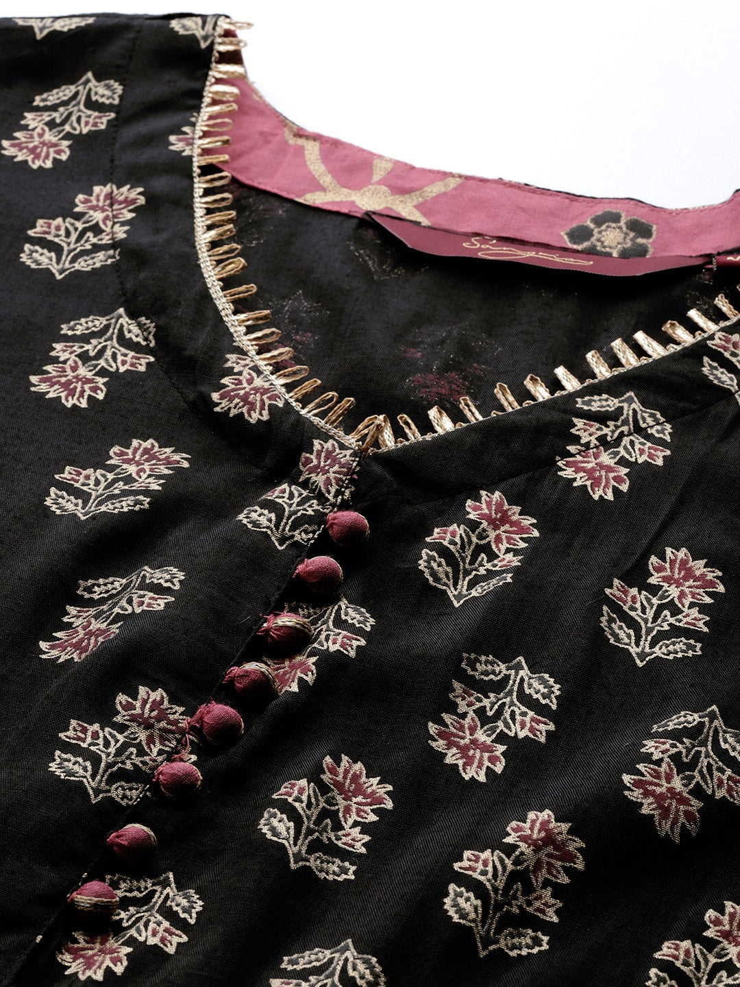 Sangria Women Black & Burgundy Ethnic Motifs Printed Mirror Work Anarkali Kurta | Grocsy