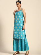 Sangria Women Blue & Golden Ethnic Motifs Printed Kurta with Sharara & Dupatta | Grocsy