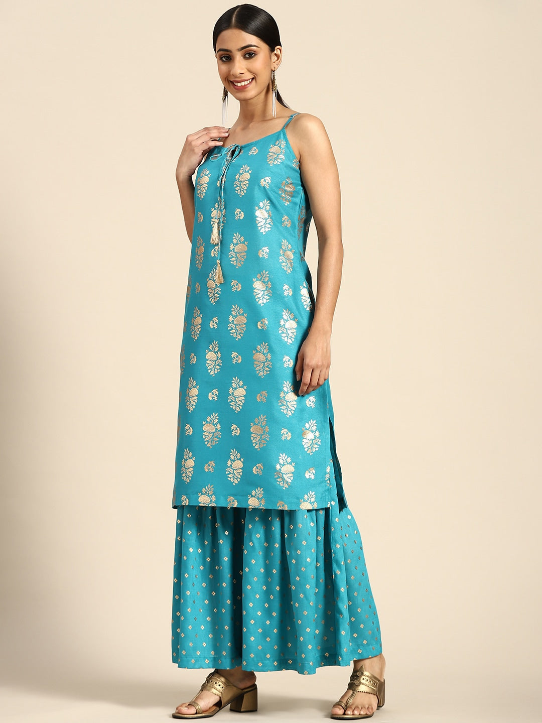 Sangria Women Blue & Golden Ethnic Motifs Printed Kurta with Sharara & Dupatta | Grocsy