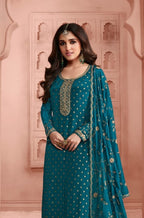 Anaita Turquoise Dola Jacquard Silk Sequin Embroidered Salwar Suit | Grocsy