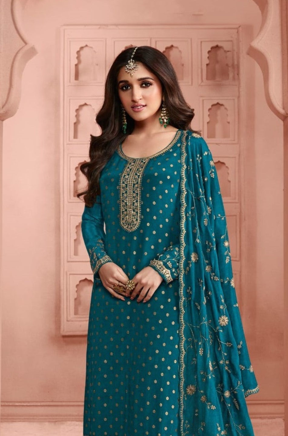 Anaita Turquoise Dola Jacquard Silk Sequin Embroidered Salwar Suit | Grocsy