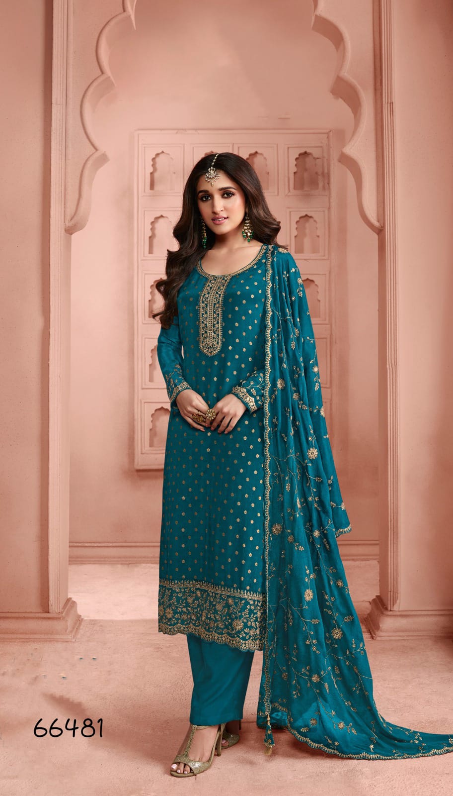 Anaita Turquoise Dola Jacquard Silk Sequin Embroidered Salwar Suit | Grocsy